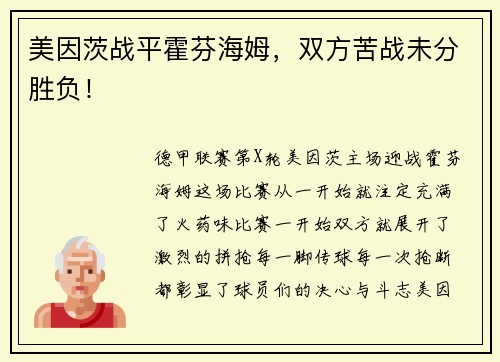 美因茨战平霍芬海姆，双方苦战未分胜负！